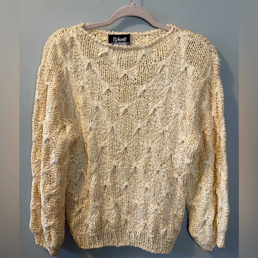 Vintage Cream Bow knit Open Weave Ribbon Sweater- Size S
